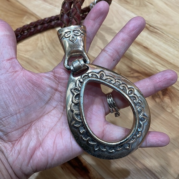 Vintage leather rope braided tie belt brown silver tone details medium large - Picture 3 of 12